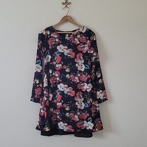 Leith Black Long Sleeve Floral Shift Dress Size XS